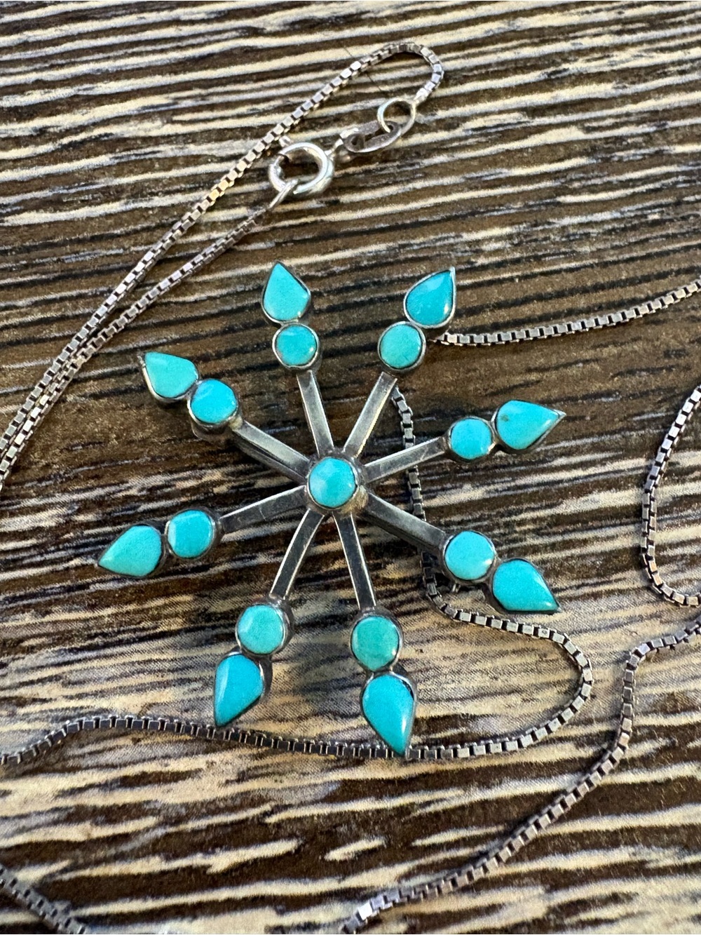 Zuni Vera Halusewa Sterling Silver Turquoise Snowflake Pin Pendant Necklace - Picture 10 of 17